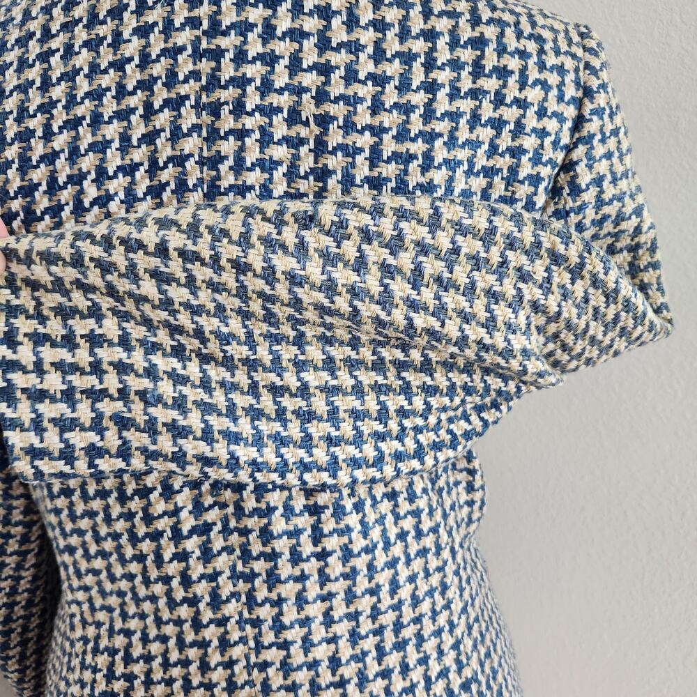 Vintage 90s Houndstooth Tweed Blazer Jacket Cream Blue 3 Button Long Sleeve L - Picture 11 of 13